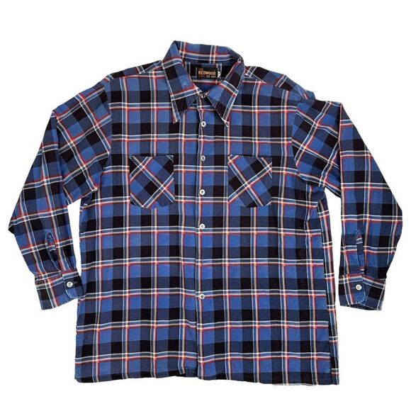 Vintage 90s REDWOOD Flannel Plaid Button Up Shirt Size XL Blue Big Men - Picture 1 of 4